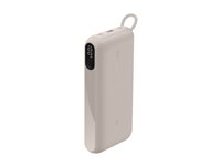 Belkin BoostCharge - Power bank - med display - 20000 mAh - 20 Watt - PD - 3 utdatakontakter (2 x USB-C, USB) - på kabel: USB-C - sand BPB028HQSD